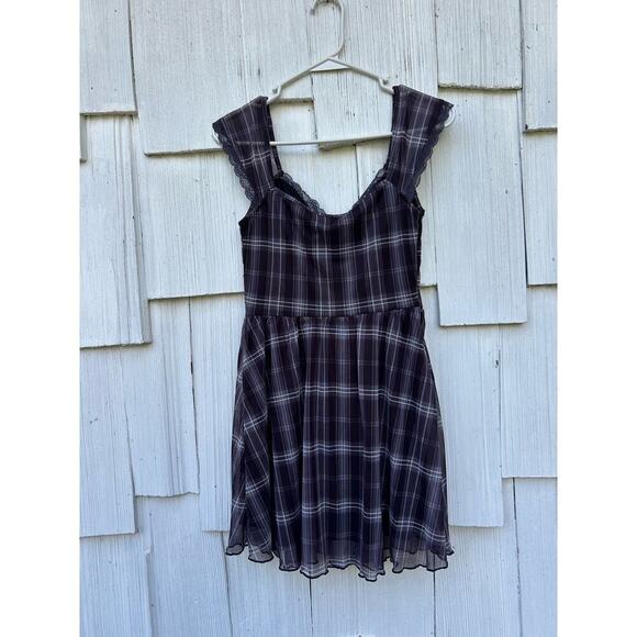 Cider Check V-Neck Knotted Lettuce Trim Mini Dress Black‎ Short Sleeves Size XS - Picture 8 of 11